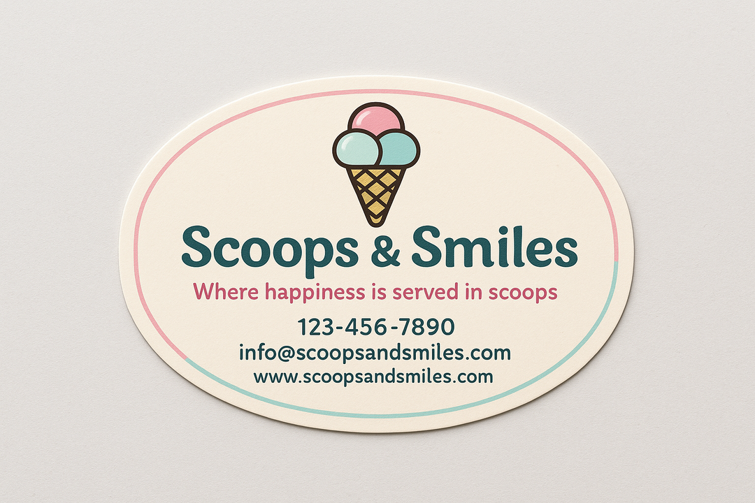 Oval-shaped business card for an ice cream shop with a colorful ice cream cone logo, the name "Scoops & Smiles", and contact information on a pastel background