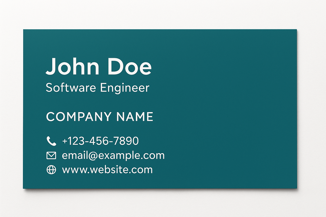 Professional business card with a teal background in landscape orientation featuring white text for name, title, company, and contact information