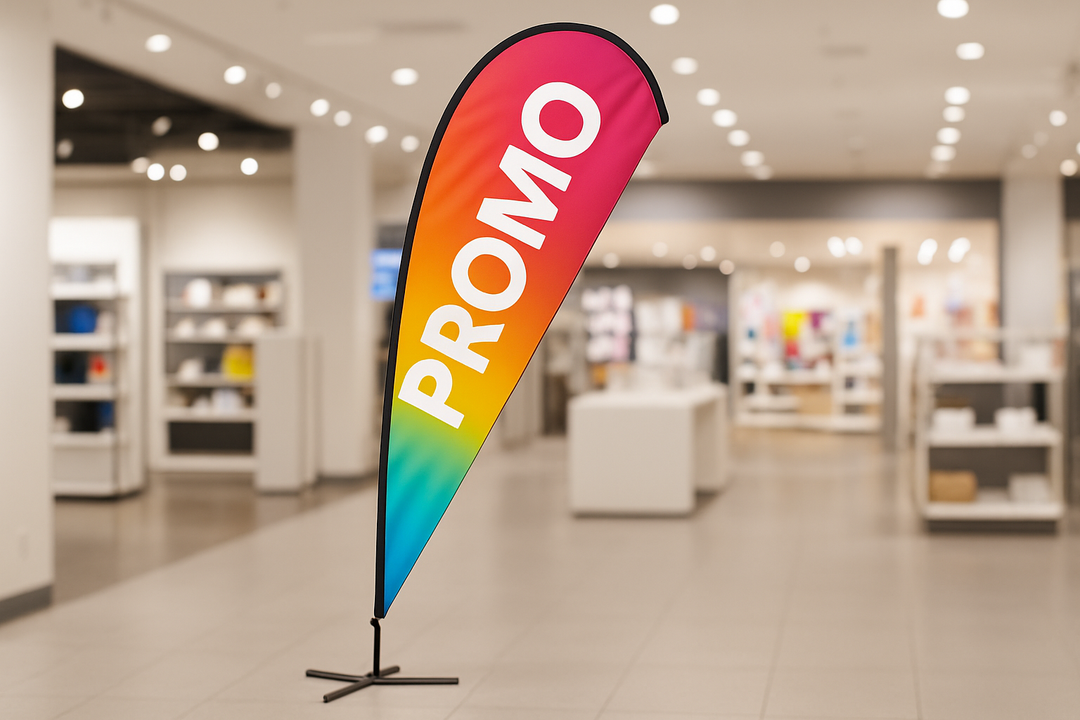 A vibrant teardrop flag displayed in a retail or trade show setting with a characteristic tall, curved shape mounted on a sturdy base