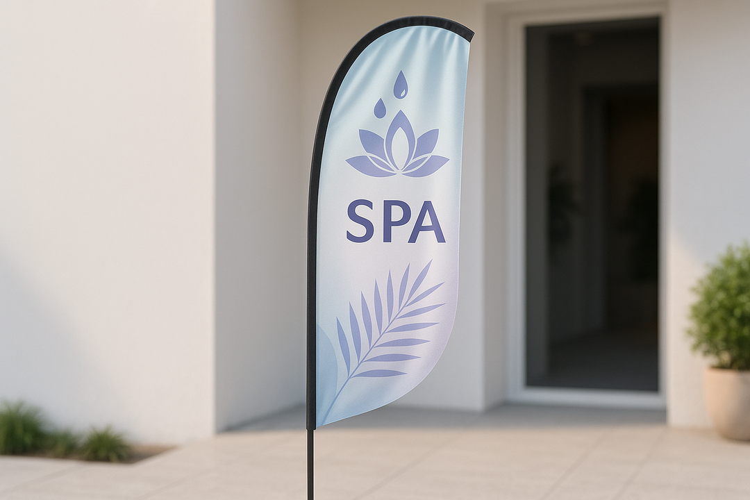 An elegant feather flag designed for a spa with soothing colors and spa-related imagery